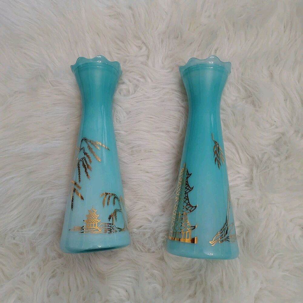 VTG Set of 2 Bartlett Collins Aqua Blue Frosted Glass Vase 9" Gold Pagoda MCM